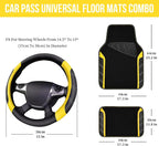 CAR PASS Leather Steering Wheel Cover and Waterproof Car Floor Mats,Microfiber Universal Car Combo Fit for 95% Sedan SUV Van Truck,14.5-15 inch Sporty Anti-Slip Safety Comfortable Design, Black＆Yellow