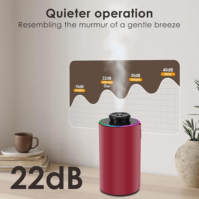 Waterless Essential Oil Diffuser with 8 Color LED Night Light, 3 Mist Levels & Timers, Portable Rechargeable Aromatherapy Diffuser for Home Car Room Studio Office, Black Metal (Red)