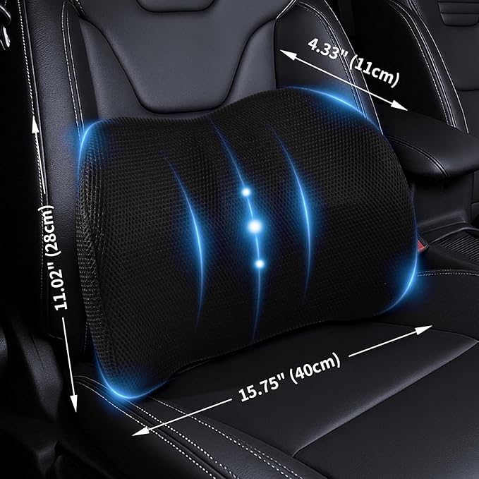 Lumbar Support Pillow for Car, Memory Foam Back Support Lumbar Pillow for Car, Gaming, Office Chair, Ergonomic for Lower Back Pain Relief, Softness Breathable Removable Mesh Cover, Black