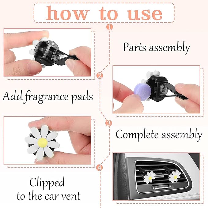 8 Pieces Daisy Car Accessories,Daisy Flower Air Vent Clips,Cute Car Air Fresheners,Dashboard Outlet Clip,Car Diffuser Vent Clip Car Decor Charms Car Interior Decoration for Women+Mask Hook(Pink & White)