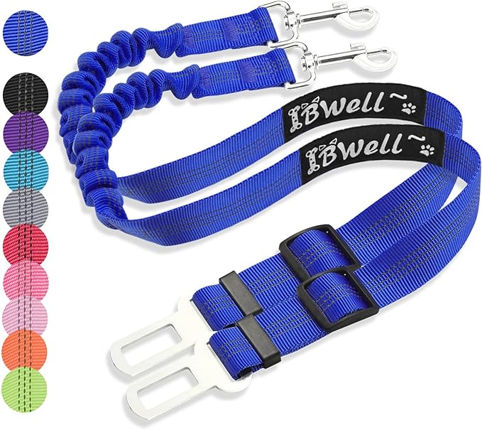 IBWell Dog Seat Belt for Car with Elastic Bungee Leash, Car Leash Car Seat Belt for Dogs (Blue, 2PCS-27.6")