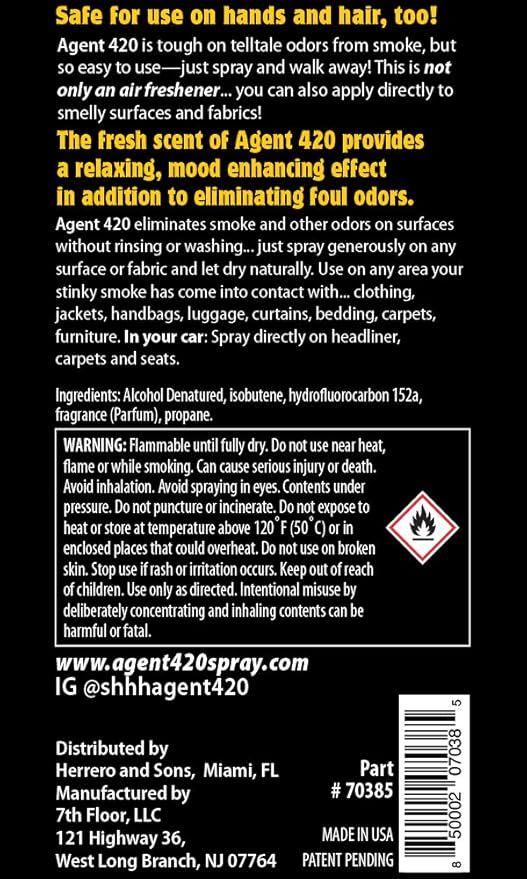 Agent 420 Odor Eliminator Aerosol Spray, Freedom, 3.5 oz — Tea Tree Oil Breaks Down Smoke at the Molecular Level