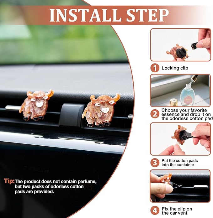 Cute Highland Cow Air Freshener Vent Clip, 2PCS Car Vent Clips Decor, Air Diffuser Clips, Highland Cow Car Interior Decor Accessories