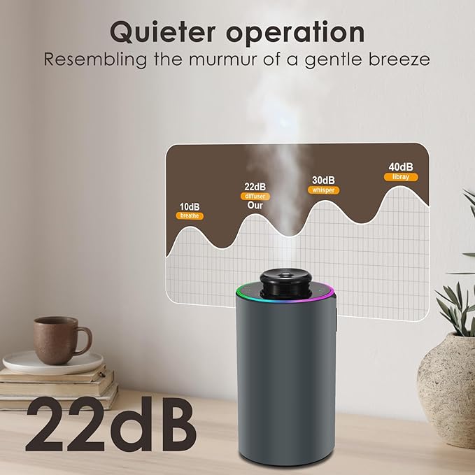 Waterless Essential Oil Diffuser with 8 Color LED Night Light, 3 Mist Levels & Timers, Portable Rechargeable Aromatherapy Diffuser for Home Car Room Studio Office, Black Metal (Grey)
