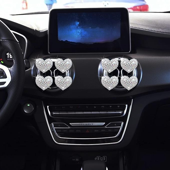 8Pcs Silver Bling Heart Air Vent Clips, Crystal Heart Air Fresheners Vent Clips Car Diffuser Vent Clip Rhinestone Car Decoration Car Interior Decor Cute Car Accessories for Women，Interior Accessories