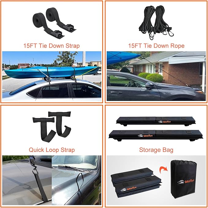 Universal Car Soft Roof Rack Pads Luggage Carrier System for Kayak Surfboard SUP Canoe Include 2 Heavy Duty Tie Down Straps, 2 Tie Down Rope, 2 Quick Loop Strap (Use with Cross Bar)