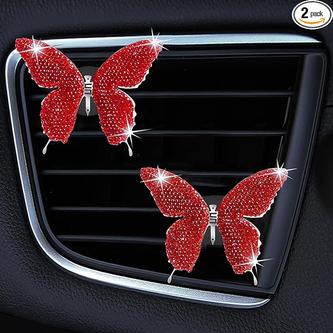 Dotesy 2 Pack Bling Bling Butterfly Air Vent Clips Crystal Butterfly Car Air Fresheners Vent Clips Diamond Cute Car Interior Decor for Women (Red)