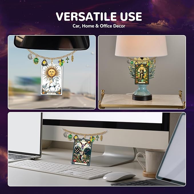 Tarot Card Car Air Freshener Rear View Mirror Accessories, 6 Pcs Boho Witchy Hanging Ornament with Charm Chain, The Sun Moon Aesthetic Car Decor, Scented Paper Diffuser Set for Women Men