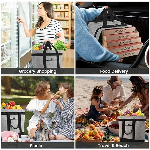 CIVJET Insulated Cooler Bag, 1PK Insulate Tote Bag for Grocery Shopping, Cooler Bags Insulated for Travel/Picnic, Pizza/Food Delivery Bag to Keep Food Cold/Hot (Cationic Cloth, Non-Waterproof, Grey)