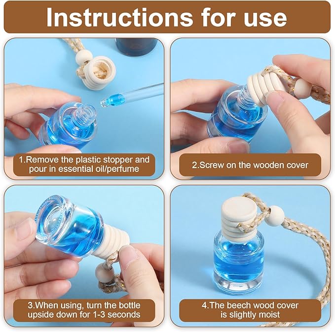30Pcs 8ml Hanging Car Air Freshener Diffuser, Refillable Clear Glass Essential Oil Fragrance Perfume Diffuser Bottle Pendant Empty Bulk, Glass Vials with Wooden Caps & Hanging String