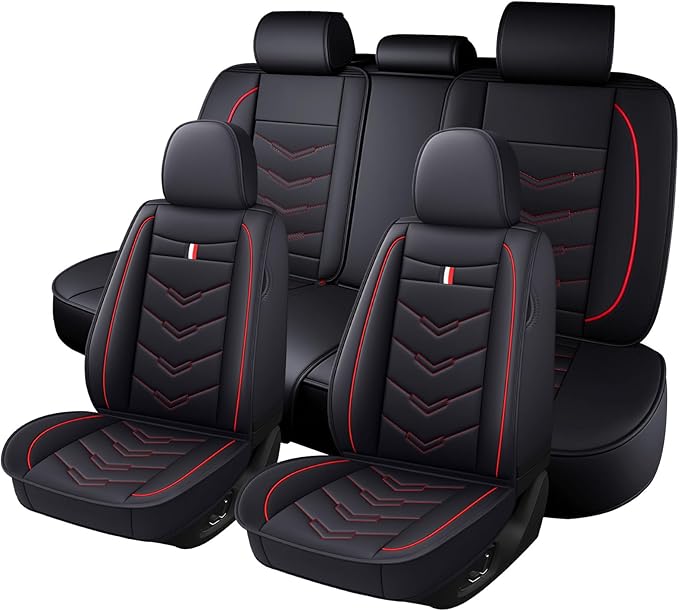Full Set Seat Cover for Toyota Highlander 2001-2025, Waterproof Durable Premium Leather Car Seat Protector, Comfortable Anti-Slip Stylish Sport Seat Cover(5 Seats Standard,Black Red)