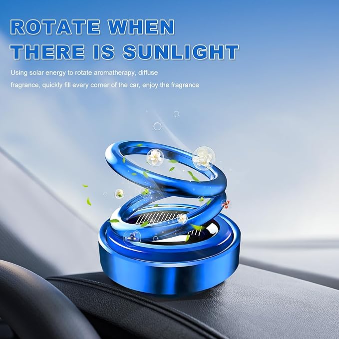 Solar Rotating Car Air Freshener, Solar Energy Refillable Car Dashboard Aromatherapy Ornament, Double Ring Fragrance Diffuser Decorative Accessories for Vehicle Home Office (Blue)