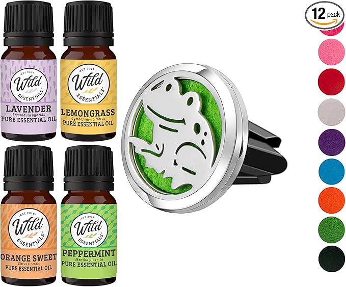 Wild Essentials Happy Frog Essential Oil Car Vent Diffuser Kit with Lavender, Lemongrass, Peppermint, Orange Oils, Stainless Steel Locket Pendant, 8 Refill Pads, Customizable Color Changing Air Fresh