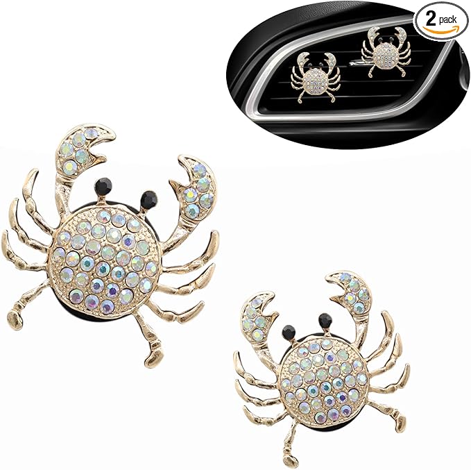 Crab Car Decor,Cute Beach Coastal Car Vent Clips,2pcs Bling Crab Car Air Freshener,Ocean Themed Decoration Accessories for Women,Refillable Aroma Diffuser