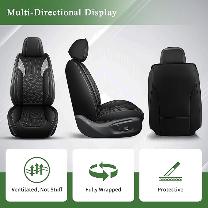 Bling Diamond Embroidered Seat Covers for Nissan Murano 2011-2025 2026, Full Set 5 Seats, Sparkle Rhinestone Breathable Perforated Faux Leather Car Seat Covers for Women (Black)