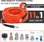 100FT Pressure Washer Sewer Jetter Kit, 5800 PSI Water Jet Drain Cleaner Hose with Corner Rotating Button Nose Nozzle, Sewer Jetting Nozzles Kit with Spanner Handle Strap