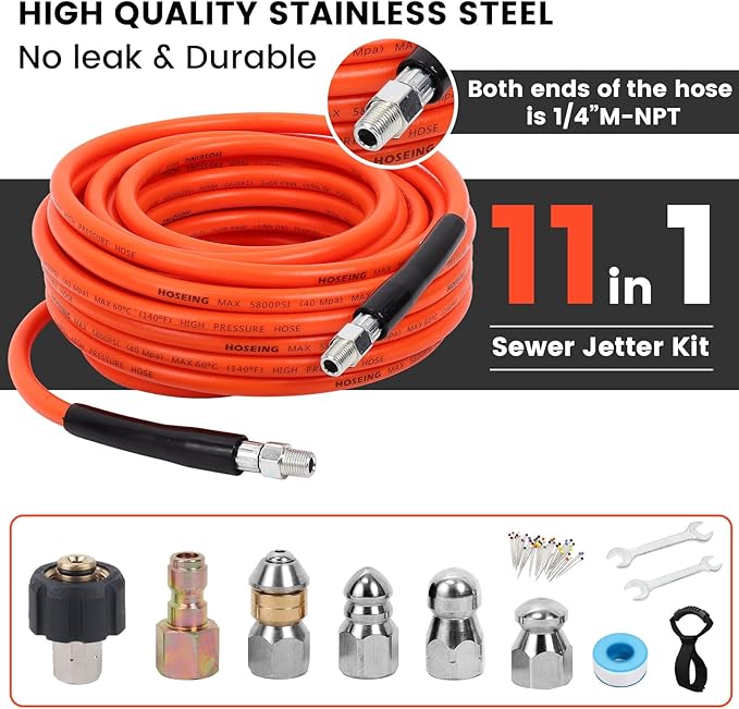 50FT Sewer Jetter Kit for Pressure Washer, 5800 PSI Water Jet Drain Cleaner Hose With Corner Rotating Button Nose Nozzle, 1/4 Inch NPT, Spanner Handle and Strap