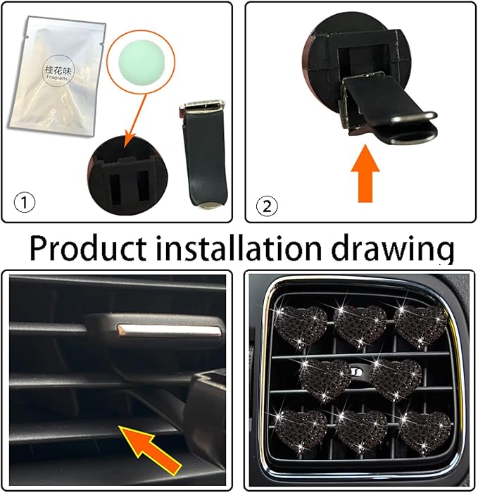 8 Pcs Bling Heart Air Vent Clips, Crystal Heart Car Air Fresheners Vent Clips Diffuser Rhinestone Diamond Car Decoration Interior Decor Cute Accessories for Women Girls (Black)
