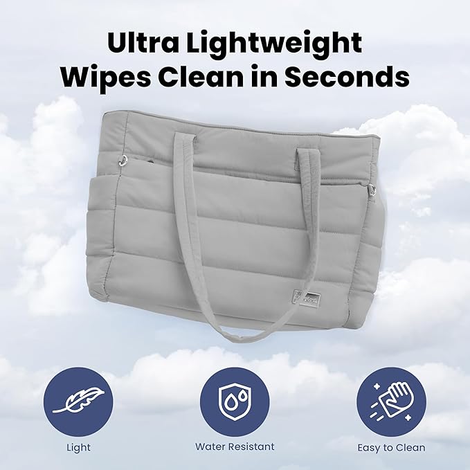 rubyloo Puffer Dog Travel Bag for Dog Moms – Doggy Diaper Bag with Pet Bowls & Food Storage or Everyday Puffy Tote – Doggy Mom Gifts for Women – Lightweight, Travel-Ready Gift for Pet Lovers - Grey