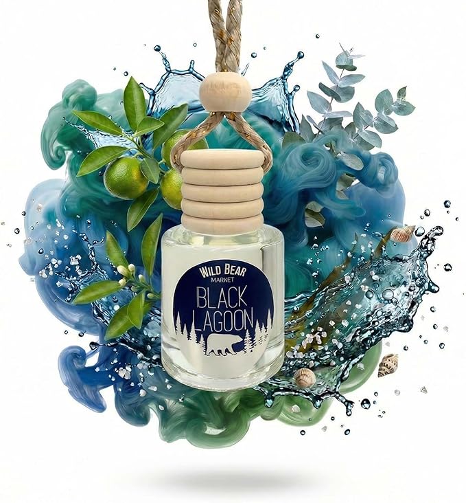 Black Lagoon Hanging Car Air Freshener Diffuser, Long Lasting Natural Fragrance Oil Car Freshener, Glass Bottle, Auto Air Deodorizer, Made in USA Toxin Free