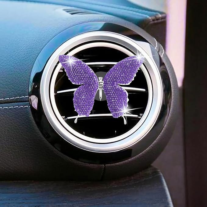 Dotesy 2 Pack Bling Bling Butterfly Air Vent Clips Crystal Butterfly Car Air Fresheners Vent Clips Diamond Cute Car Interior Decor for Women (Dark Purple)