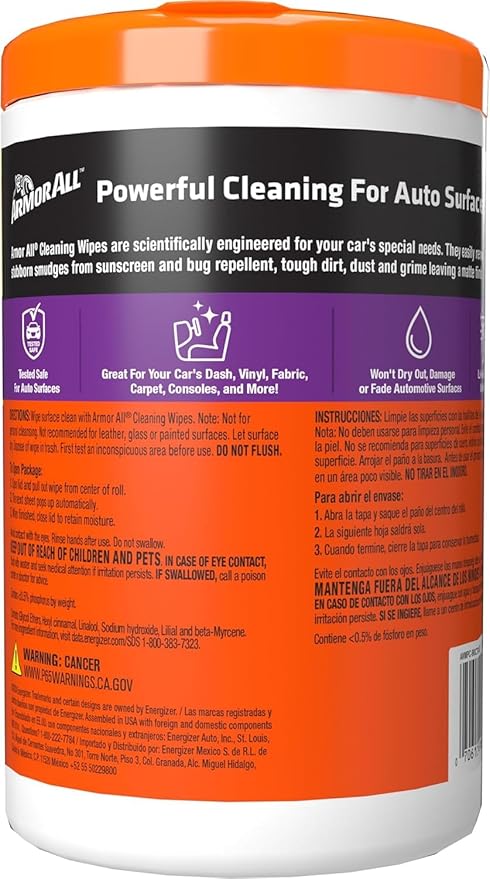 Armor All Car Cleaning Wipes,Canister,Powerful Car Wipes for Dashboards,Vinyl,Clear Plastics,Carpet and Fabric,90 Count (Pack of 6)