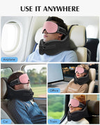 YFONG Travel Pillow for Long Flight Airplanes, Head Strap Combo with 3D Contoured Eye Mask for Sleep, Neck Pillow for Car Trip Essential, 360° Support Memory Foam Headrest, Prevent Head Bobbing, Pink