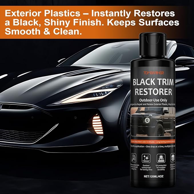 Black Trim Restorer Outdoor-Use Only Restores Deep Black Color in Minutes UV & Water Resistant Long-Lasting Protection for Exterior Plastic, Vinyl & Rubber Glossy Streak-Free Finish 4oz