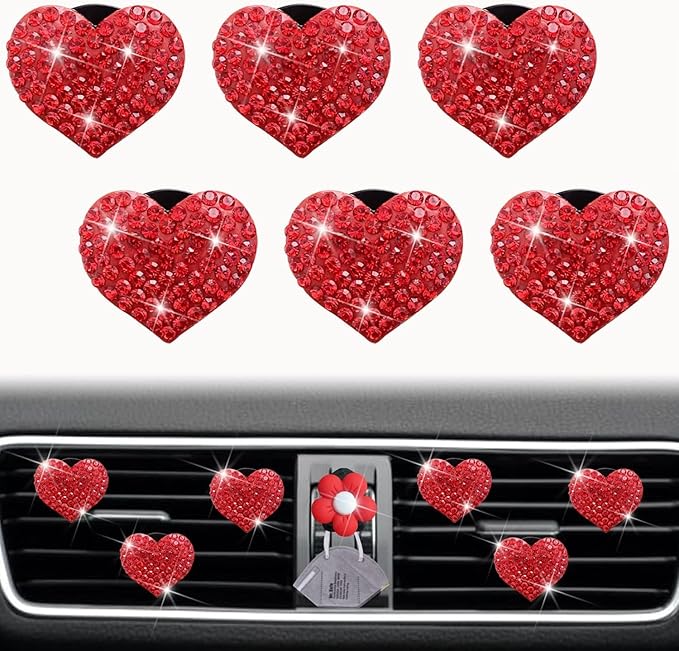 6Pcs Bling Heart Air Vent Clips Red Heart Car Air Fresheners Vents Clips Car Diffuser Diamond Car Interior Decor Charm Decoration Cute Accessories for Women Automotive