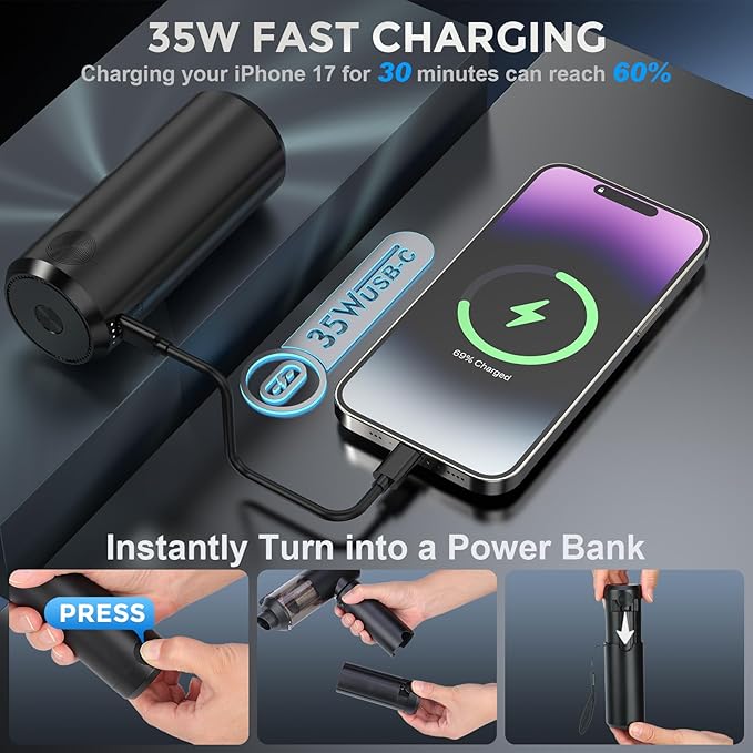 Cordless Handheld Vacuum with 6000mAh Power Bank & LED Light – 3-in-1 Car Vacuum, Air Blower & Phone Charger, 20,000Pa Strong Suction, 1lb Mini Vacuum for Car, Home, Pet Hair & Travel