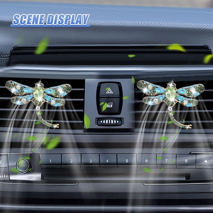2PCS Bling Dragonfly Car Air Vent Clips, Crystal Rhinestone Car Air Conditioning Outlet Clip, Universal Cute Vehicle Interior Diffuser Decoration Accessories for Women(Green)