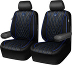 CAR PASS Piping Luxury PU Leather Two Front Car Seat Covers,Waterproof Anti- Slip Seat Covers Compatible with Front Seat Armrests,Universal Fit for Suvs,Vans,Trucks,Airbag Compatible(Black and Blue)