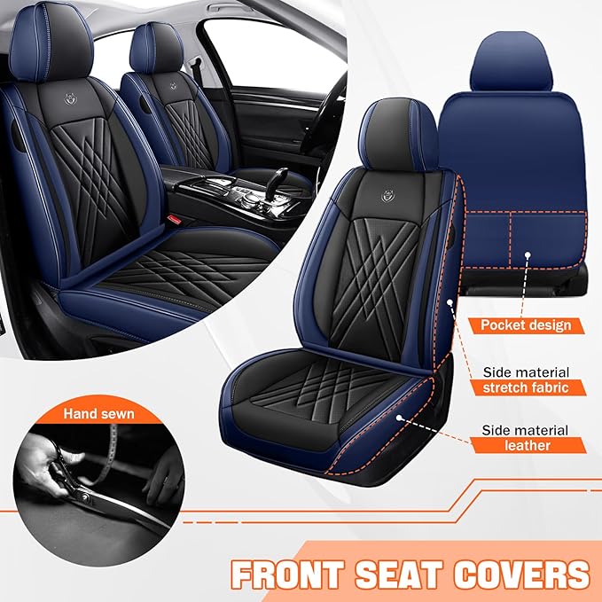 Car Seat Covers Compatible with Toyota Camry 2012-2026 Durable Waterproof Automotive Seat Covers Stretchable Fabric Material, Airbag Compatibility, Premium Nappa Leather(Black Blue, Full Set)