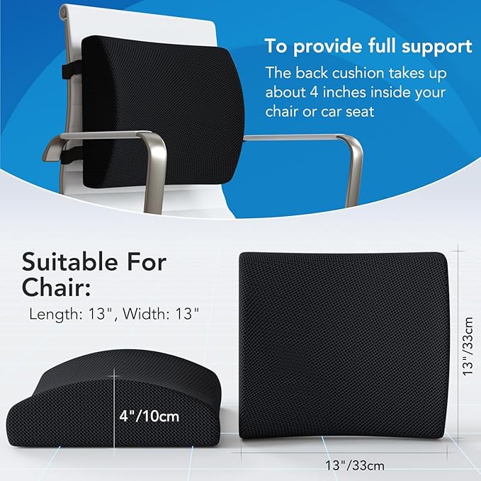 Seat Cushion & Lumbar Support Pillow for Office Chair, Car, Wheelchair Memory Foam Desk Chair Cushion for Sciatica, Lower Back & Tailbone Pain Relief Desk Pad with Adjustable Strap 3D Washable Cover