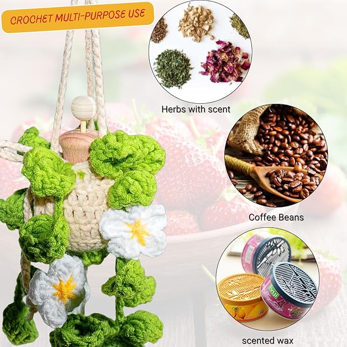 Crochet Car Air Freshener, 15ml Empty Refillable Oil Diffuser Bottle With Crochet Strawberry Hanging Plant for Car Accessories, Crochet Plant for Rear View Mirror Decor, Home and Office Decor