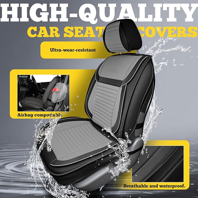 LINGVIDO Front Car Seat Covers, Faux Nappa Leather, Airbag Compatible and Waterproof Protectors for Sedans SUVs, Breathable Anti-Slip Interior for Commuters and Rideshare, Black/Gray