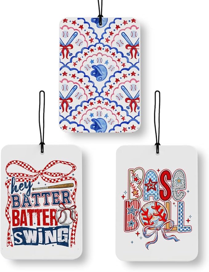 Vintage Baseball Car Air Freshener 3 Pcs, Baseball Mom Lover Player Fan Gifts, Coquette Checkered Bow Base Ball Air Freshener Hanging Decor for Cars Closet Drawer Books Accessories Gifts