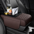 Center Console Cover Organizer, 5-In-1 Arm Rest Cover for Car with Cup Holder & Storage Pocket & Tissue Holder, Armrest Cover Cushion Pad, Grid, Brown
