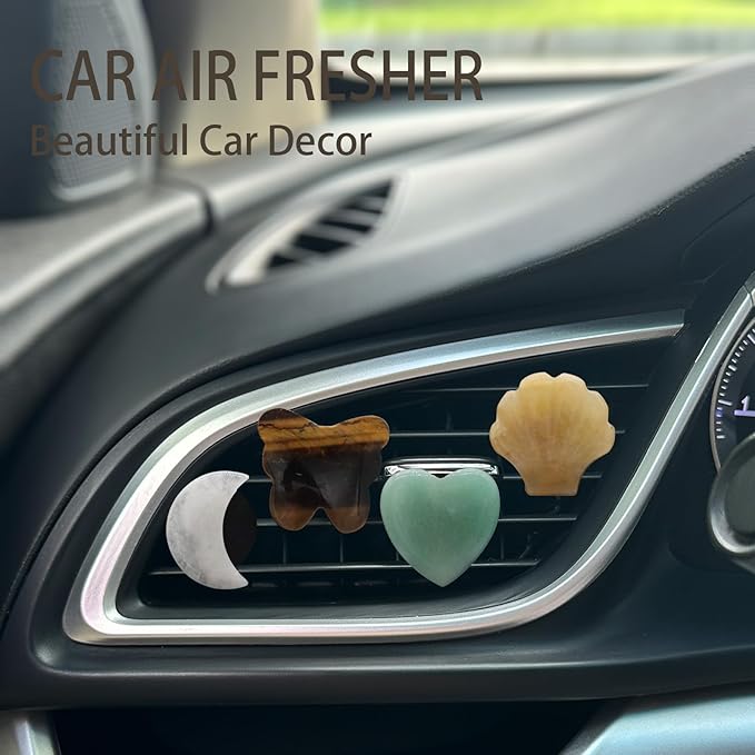 Boho Car Decor,4pcs Natural Stone Car Air Fresehenr Vent Clips,Moon Seashell Heart Butterfly Crystal Dashboads Accessories for Women,Best Wishes for Lover Friends
