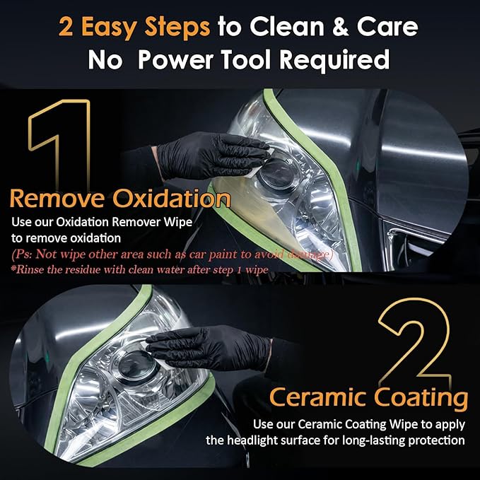 Headlight Restoration Kit, 2-Step Headlight Cleaner & Ceramic Coating Wipes, Removes Oxidation & Restores Clarity, Long-Lasting UV Protection, Headlight Polish No Tool Required