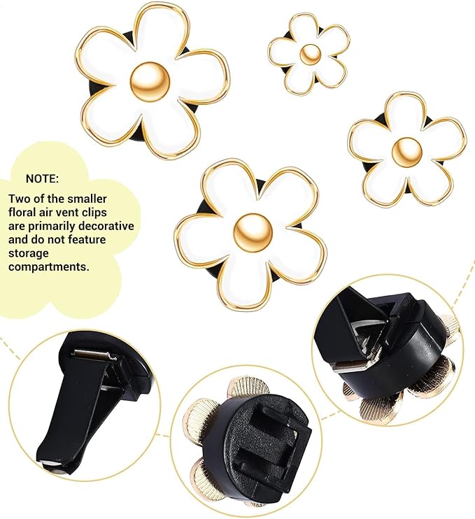 Daisy Flower Car Air Freshener Vent Clips, 4 Pcs Cute Car Accessories for Women Interior, Girly Decor Essentials, Truck Accessories, for Bathroom Office Pet Houses (White, 3.1cm 2.9cm 2.2cm 1.6cm)