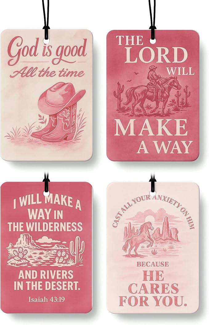 Pink Western Christian Cologne Car Air Freshener 4 Pcs, Retro Cowgirl Bible Verses Hanging Air Freshener for Cars Bathroom Dorm Books Decor, Western Religious Accessories Gifts for Women Girls