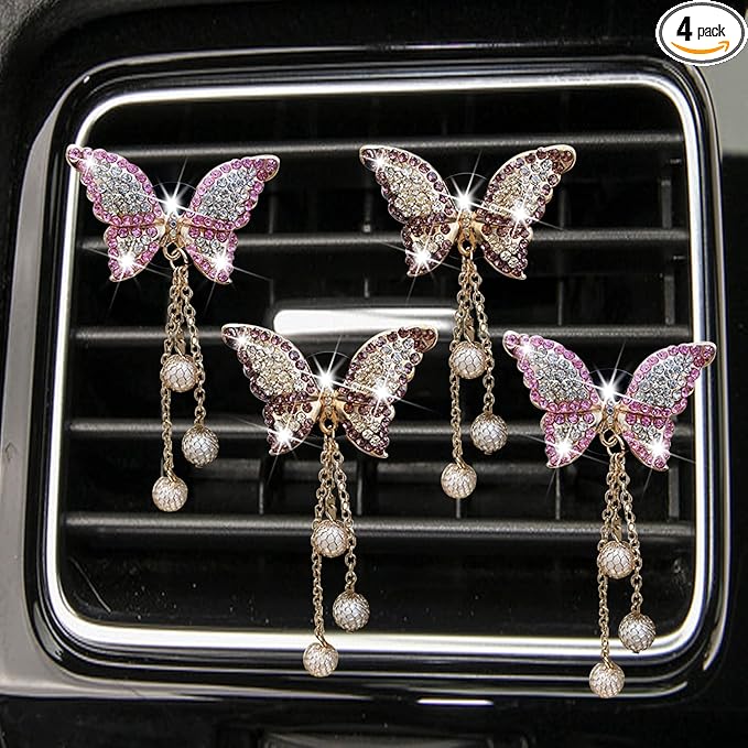 4 in 1 Bling Butterfly Aromatherapy Air Vent Clips, Diamond Pearl Pendant Butterfly Car Air Fresheners, Cute Car Decoration, Interior Decor
