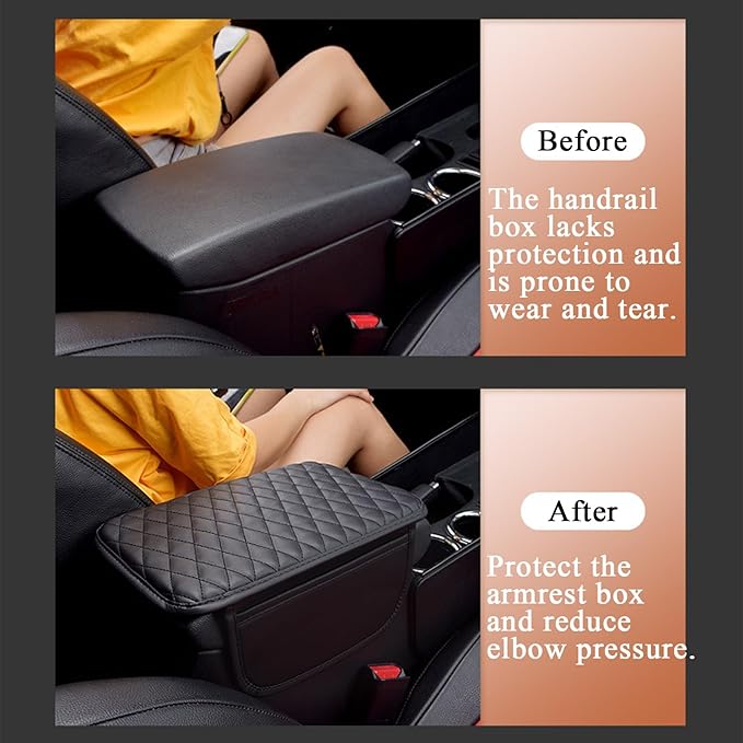 Car Center Console Cove, Leather Armrest Cover Cushion, 2 Storage Bags, Armrest Seat Box Pad, Car Interior Accessories Protector for Most Vehicle (Light Brown)