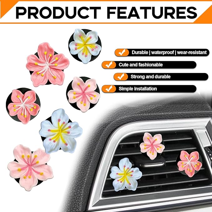 6PCS Flower Vent Clips, Car Air Fresheners Vent Clips, Cherry Blossom Dashboard Decoration, Car Accessories Aesthetic Interior Decor for Women Peach Blossom (No Aromatherapy Tablets)