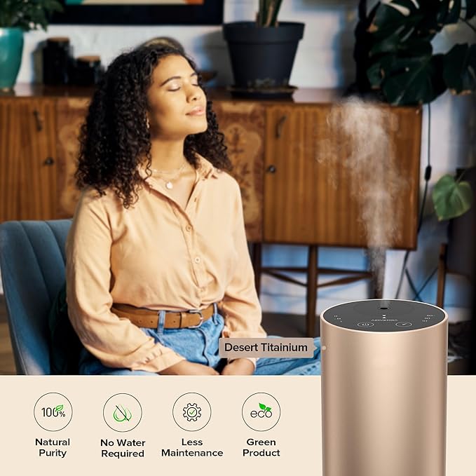 Airversa Waterless Essential Oil Diffuser Starter Kit with 30mL Sandal Lux Fragrance Oil Inspired by Luxury Hotel Scent for Home Car Office, Aroma Air Diffuser, Baterry Operated, ADX-Kit Metal Black