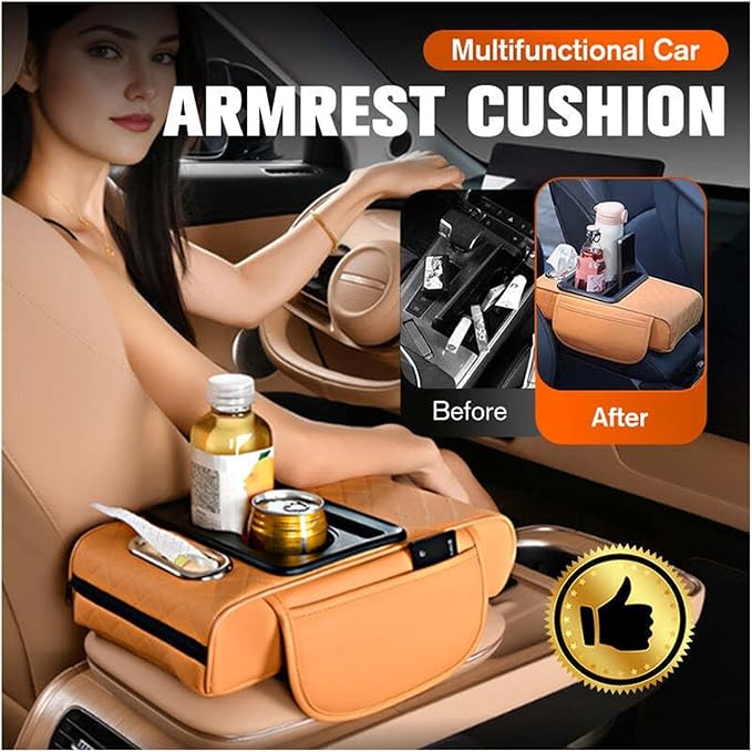 Car Armrest Box Thicken Height Pad Arm Rest Cushion Memory Cotton Elbow Universal Auto Interior Storage Tissue Organizer(Orange)