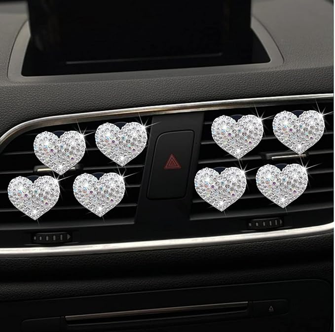 8Pcs Silver Bling Heart Air Vent Clips, Crystal Heart Air Fresheners Vent Clips Car Diffuser Vent Clip Rhinestone Car Decoration Car Interior Decor Cute Car Accessories for Women，Interior Accessories
