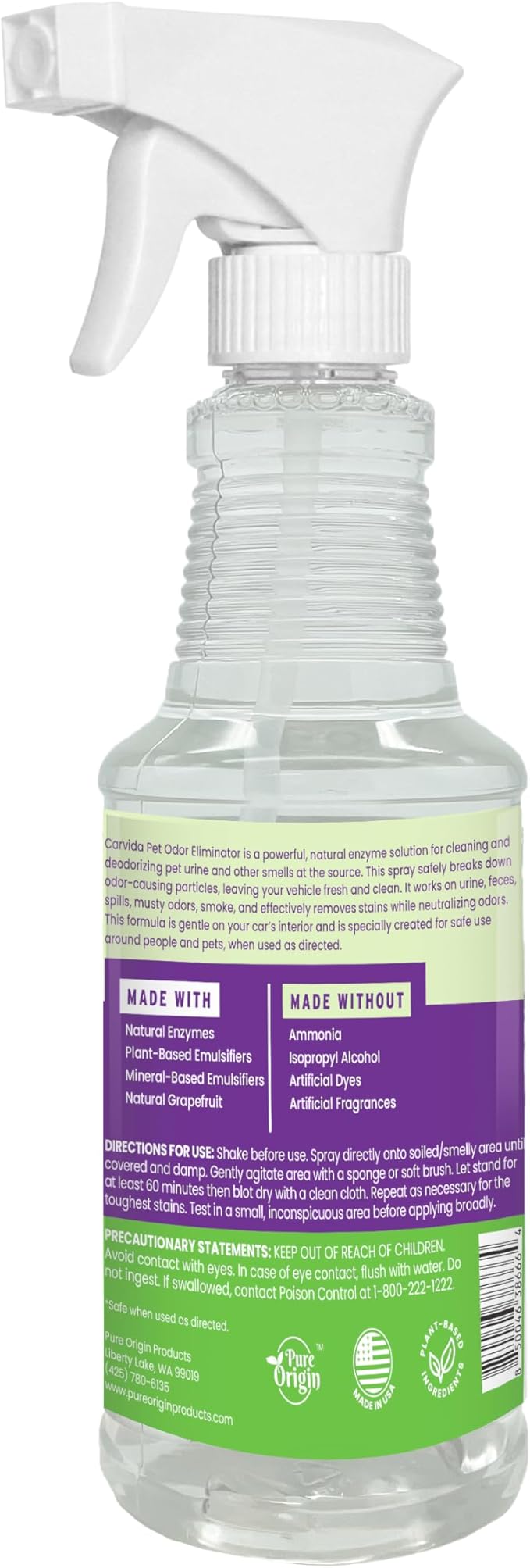 Pet Odor Eliminator, Enzyme-based Stain & Odor Remover Spray for Pet Urine and Smells in Cars, Grapefruit Scent, 16oz