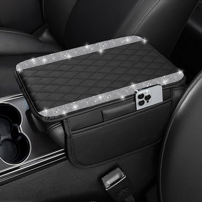 NBTEPEM Bling Car Center Console Cover, Leather Car Arm Rest Cover Cushion with 2 Storage Bags, Universal Auto Armrest Protector Storage Box, Bling Accessories Interior for Most Vehicles (Silver)